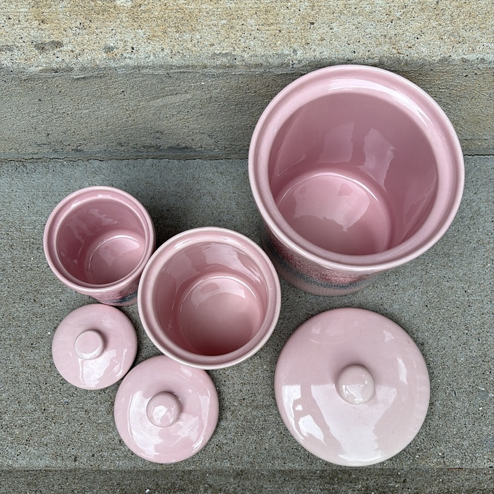 Vintage Baldelli mid century Pink Ceramic Pottery Canister Cookie Jar 3pc Set - Picture 2 of 5